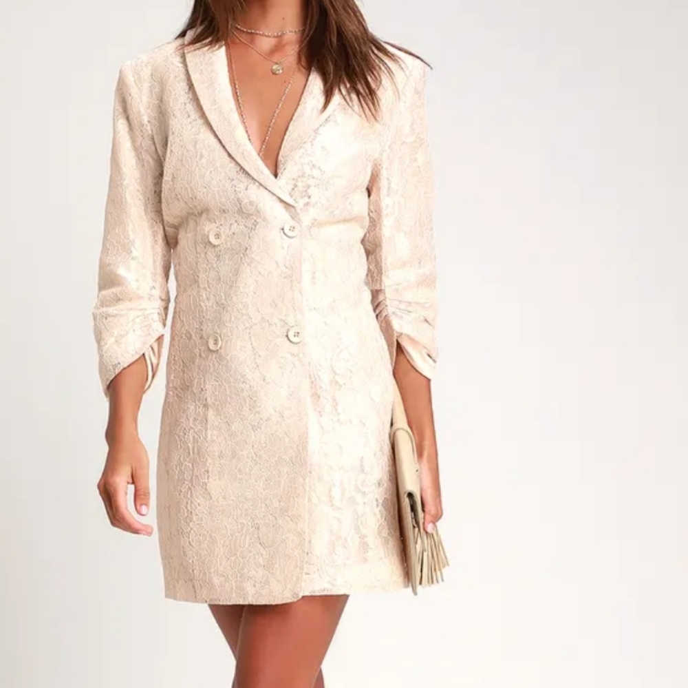 Lulu's Ronan Beige Lace Double Breasted Blazer